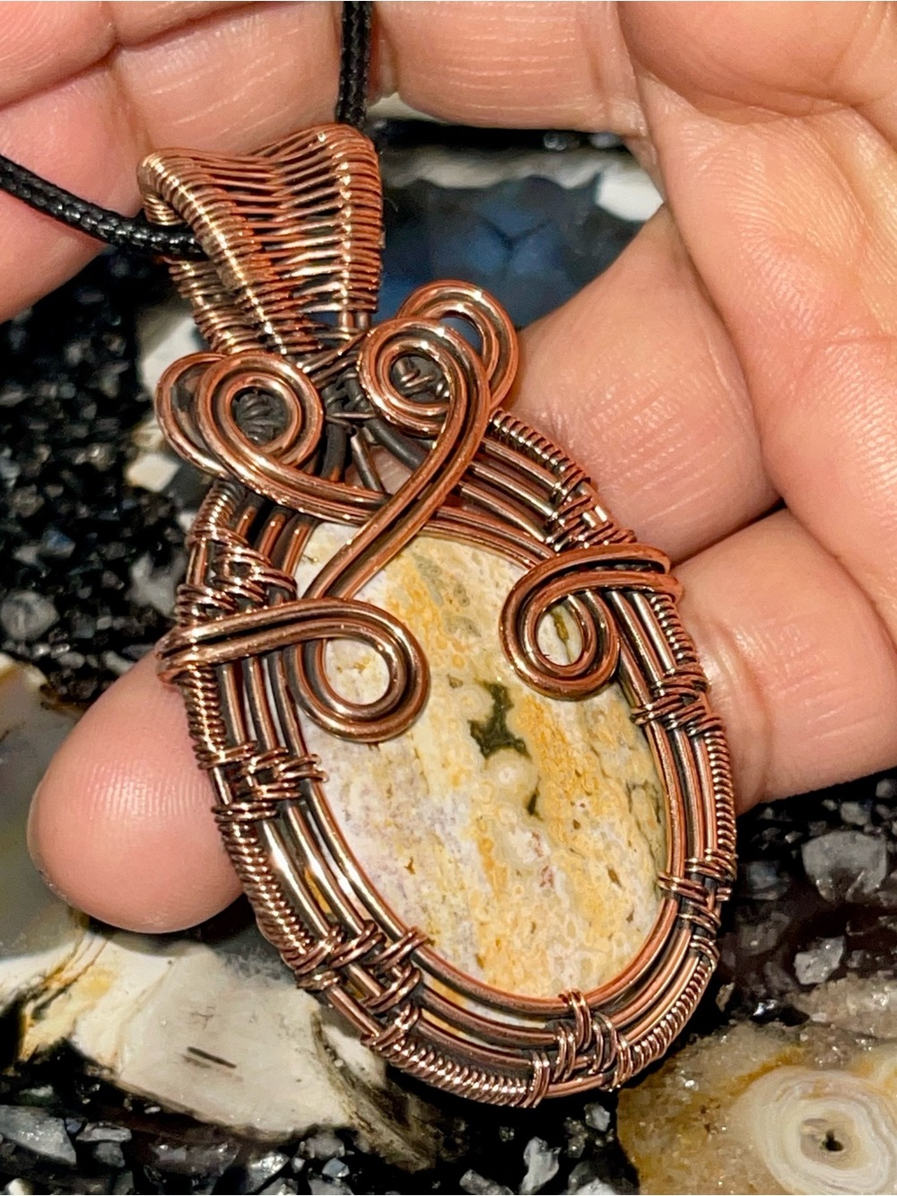 Copper Wire-wrapped Cellular Ocean Jasper Crystal Pendant 2 1/2”